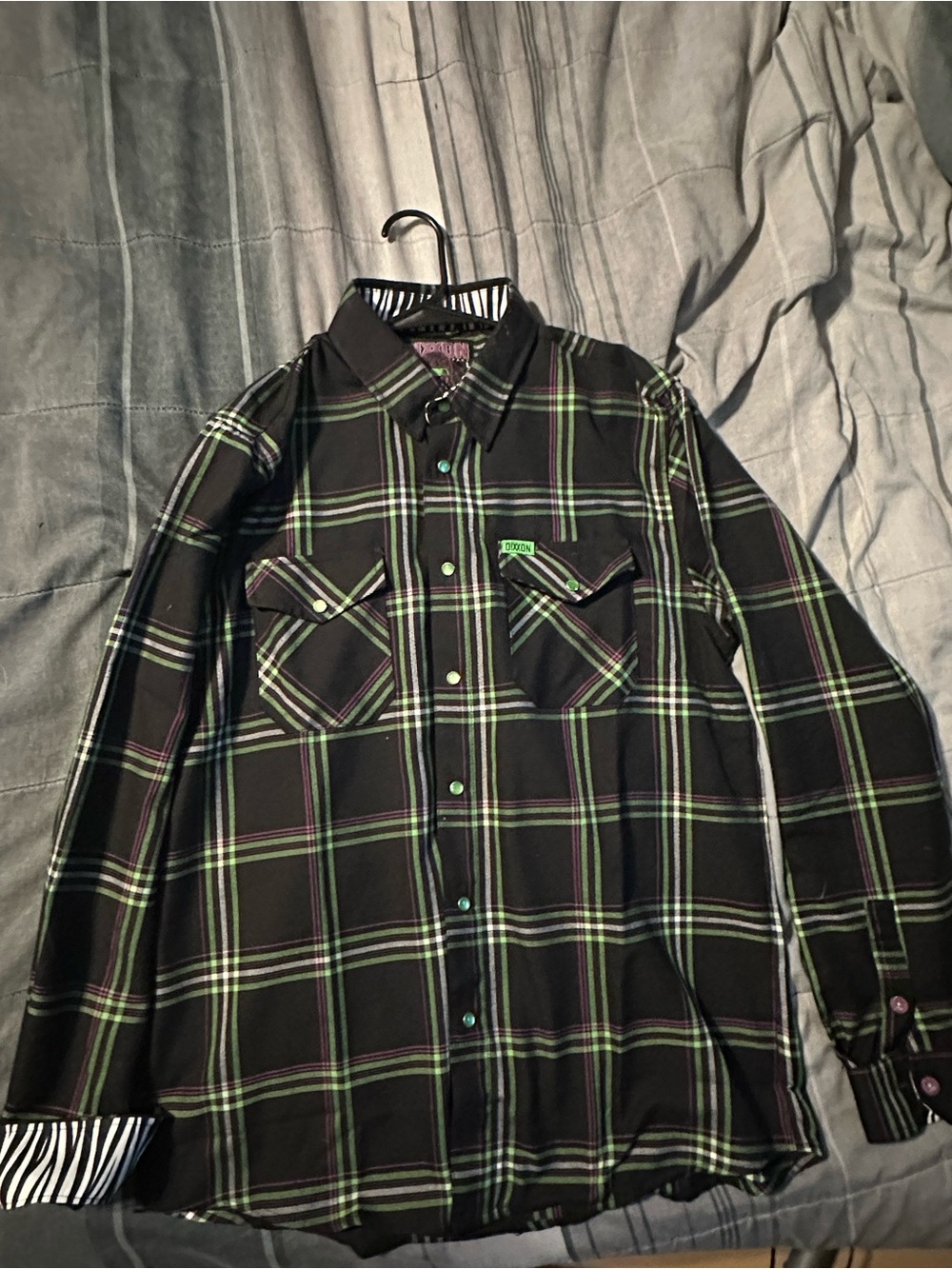 DIXXON Black Plaid Button-Down Shirt with Green and Purple Trim